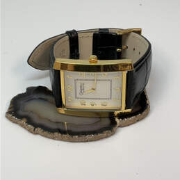 Designer Carvelle Bulova Gold-Tone Black Leather Strap Analog Wristwatch
