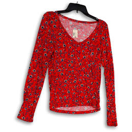 NWT Womens Red Floral Long Sleeve V-Neck Pullover Blouse Top Size Large