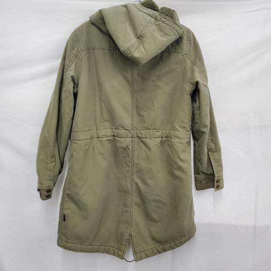 Patagonia WM's 100% Organic Cotton Polyester Blend Green Khaki Hooded Parka. Size SM image number 2