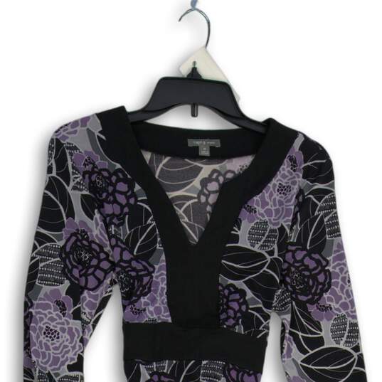 APT. 9 Womens Black Lavender Floral V-Neck Long Sleeve Fit & Flare Dress Size M image number 3