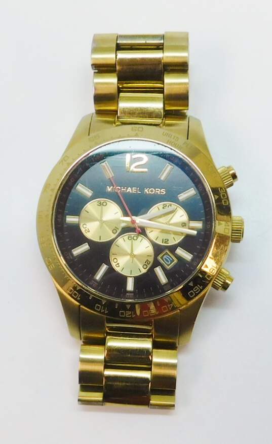 Trekker long spiraal Buy the Michael Kors MK-8246 Black Goldtone Chronograph Watch |  GoodwillFinds