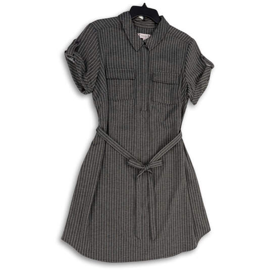 Womens Gray White Striped Short Sleeve Tie Waist Shift Dress Size 14 image number 1
