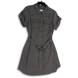 Womens Gray White Striped Short Sleeve Tie Waist Shift Dress Size 14