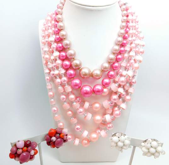 Vintage Pink & White Beaded Clip-On Earrings & Multi Strand Necklaces 198.6g image number 2