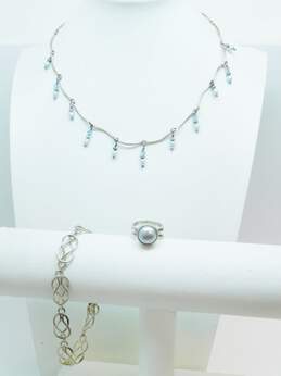 Artisan 925 Blue Crystals Dangles Bar Chain Necklace Pearl Band Ring & Knot Paneled Bracelet 28.4g