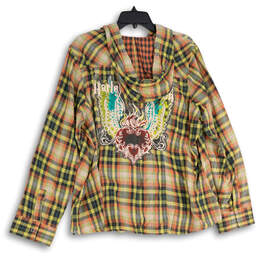 NWT Womens Multicolor Plaid Graphic Pockets Hooded Button-Up Shirt Size 2W alternative image