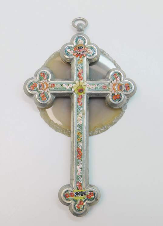 Vintage Silvertone Micro Mosaic Colorful Floral Inlay Cross Statement Pendant 63.8g image number 1