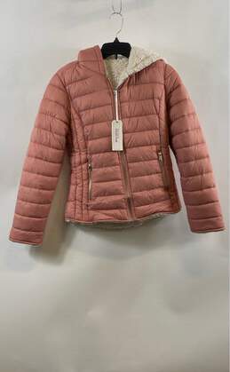 NWT Chico's Womens Peach Faux Fur Hooded Full-Zip Short Puffer Jacket Size Small