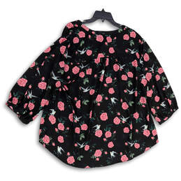 Womens Black Pink Floral V-Neck 3/4 Sleeve Pullover Blouse Top Size 3 alternative image