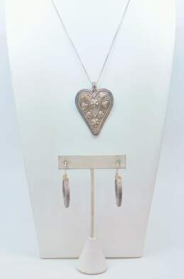 Romantic 835 & 925 Silver Scrolled Hoop Earrings & Heart Pendant Necklace 32.3g