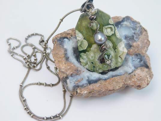 Artisan 925 Pearls & Crystals Accented Green Ocean Jasper Pendant Station Chain Necklace Dotted Semi Hoop Post Earrings & Band Ring 31.6g image number 5