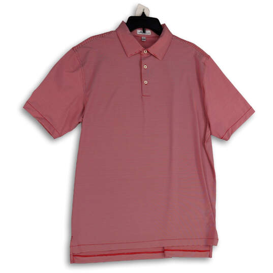 Mens Red Striped Spread Collar Short Sleeve Regular Fit Polo Shirt Size L image number 1