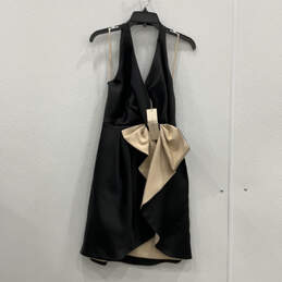 NWT Womens Black Tan Ruffled Sleeveless Back Zip Satin A-Line Dress Size 4