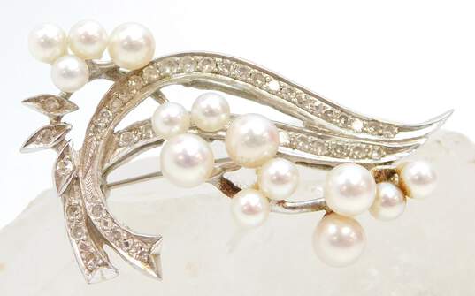 Vintage 14K White Gold 1.20 CTTW Old Cut Diamond & Pearl Brooch 9.5g image number 3