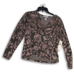 NWT Nine West Womens Gray Pink Floral Surplice Neck Long Sleeve Blouse Top Sz XL