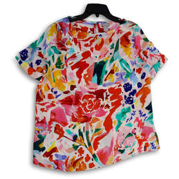 Womens Multicolor Rosette Floral Short Sleeve Pullover Blouse Top Size 2