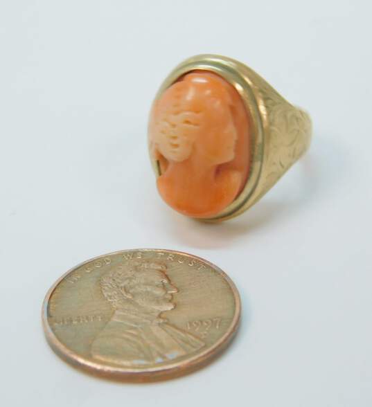 Antique 10K Yellow Gold Carved Coral Cameo Ring 6.6g image number 4