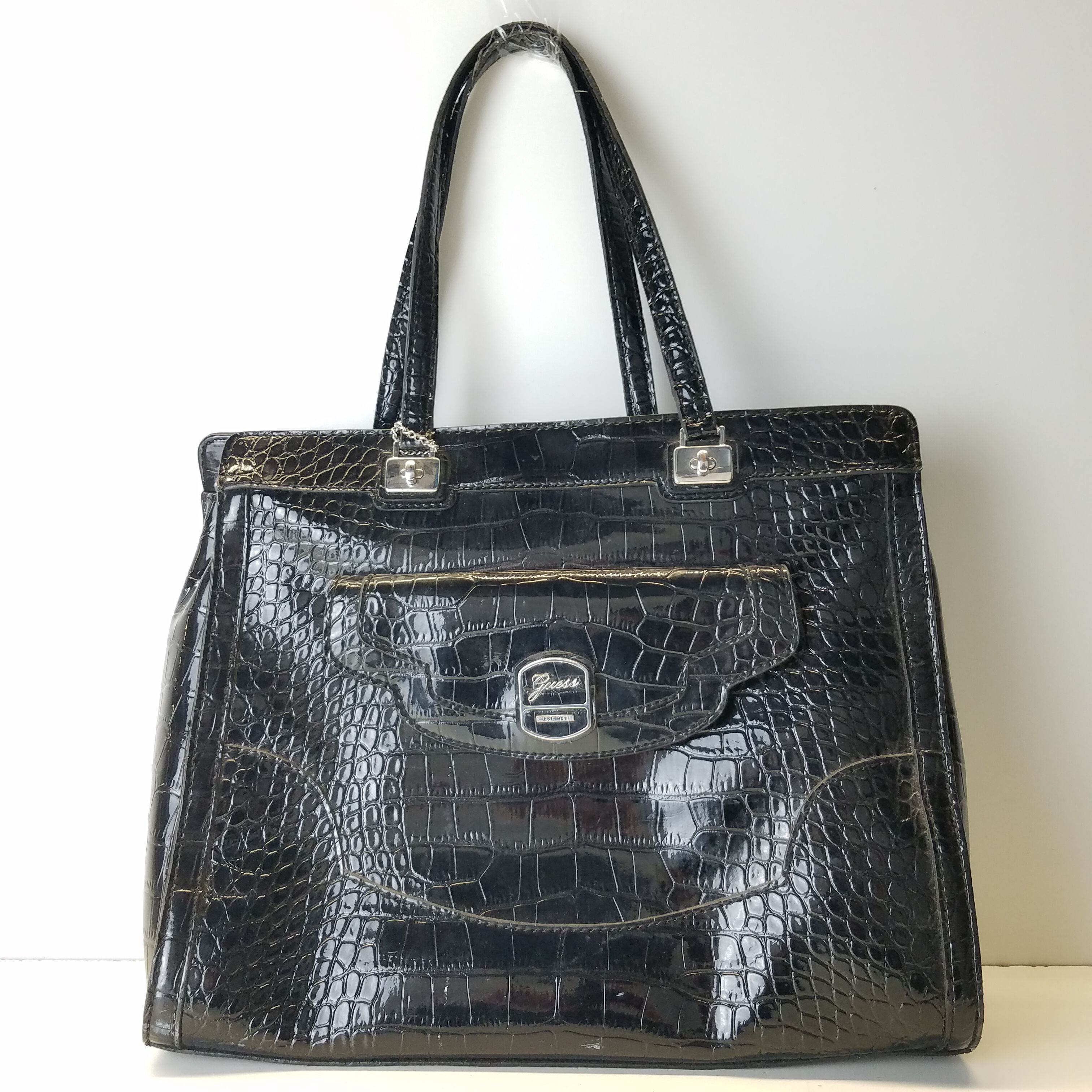 Guess Black Glossy Patent Quilted Signature Satchel Handbag Purse, New! -  AbuMaizar Dental Roots Clinic