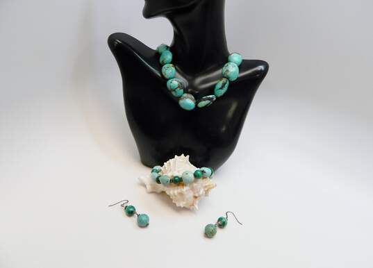 Artisan 925 Southwestern Turquoise Graduated Beaded Necklace Malachite & Howlite Drop Earrings & Matching Bracelet 118.5g image number 1
