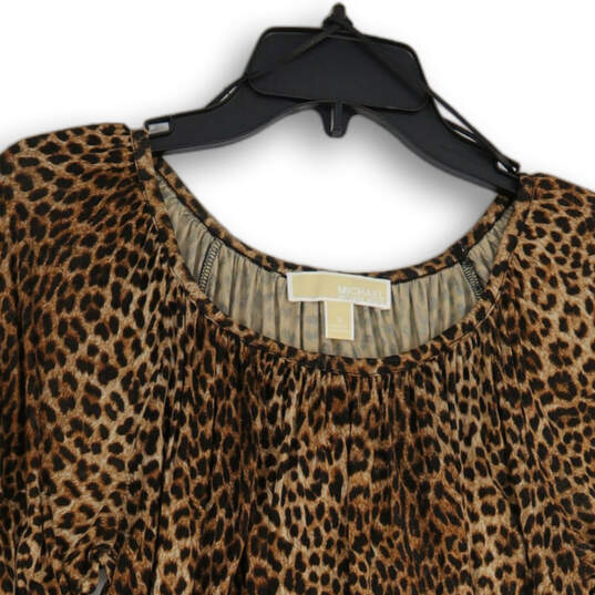 Womens Beige Brown Cheetah Print Round Neck Long Sleeve Blouse Top Size S image number 3