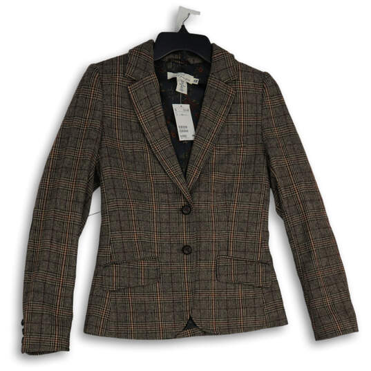 NWT Womens Brown Plaid Notch Lapel Flap Pocket Two Button Blazer Size 6 image number 1