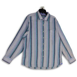 Mens Blue Striped Spread Collar Short Sleeve Button-Up Shirt Size Medium
