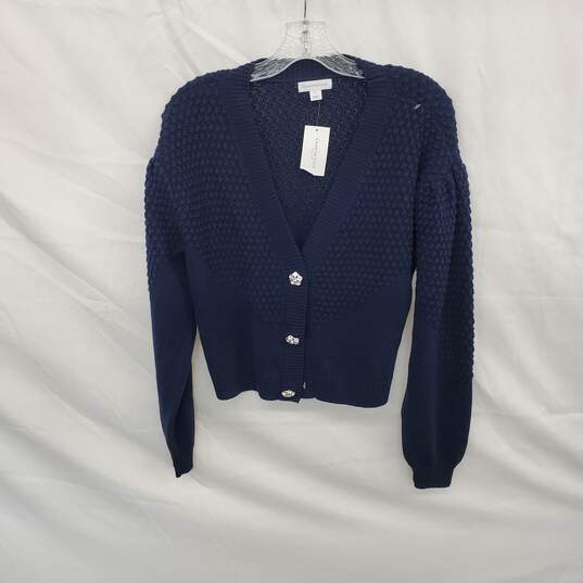 Charter Club Navy Blue Cotton Blend Rhinestone Embellished Cropped Cardigan Sweater WM Size PL NWT image number 1