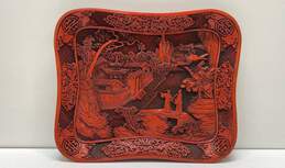 Vintage Oriental Faux Cinnabar 14 x 12 Decorative Carved Red Tray