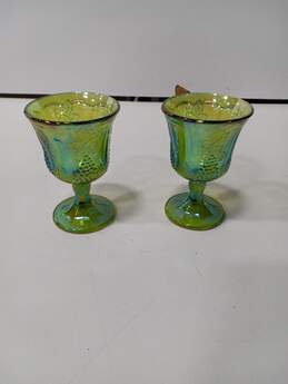 Pair of Green Carnival Glass Goblets