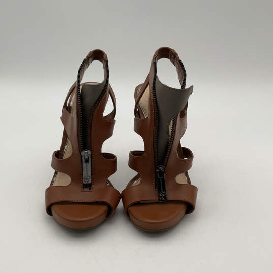 Womens Brown Beige Leather Open Toe Front Zip Strappy Stiletto Heel Size 6 image number 2