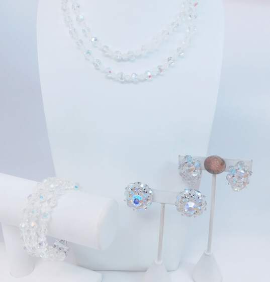 Vintage Aurora Borealis Necklace Multi Strand Bracelet & Clip On Earrings 121.5g image number 7