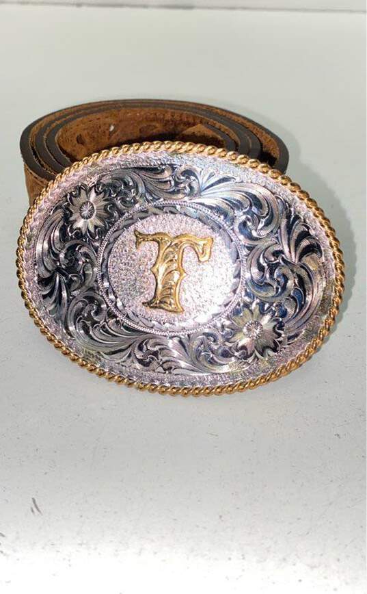 Tony Lama Sterling Silver Plate Buckle Leather Belt Women's Size S image number 2