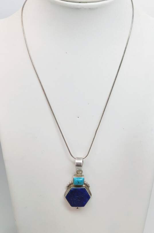 SJ Sajen 925 Faux Turquoise & Lapis Lazuli Geometric Granulated Pendant Snake Chain Necklace 14.3g image number 4