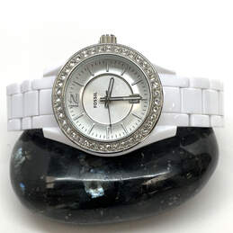 Designer Fossil White Chain Strap Rhinestone Analog Dial Quartz Wristwatch