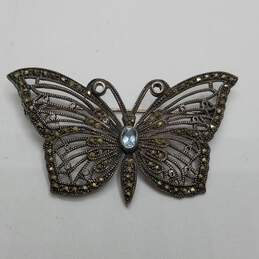 Sterling Silver Marcasite Blue Topaz Butterfly Brooch 12.8g alternative image