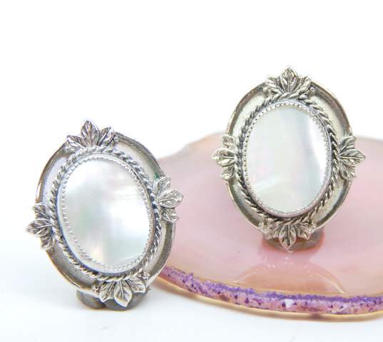 Vintage Whiting & Davis Silver Tone & Faux Mother of Pearl Clip-On Earrings 14.4g image number 1
