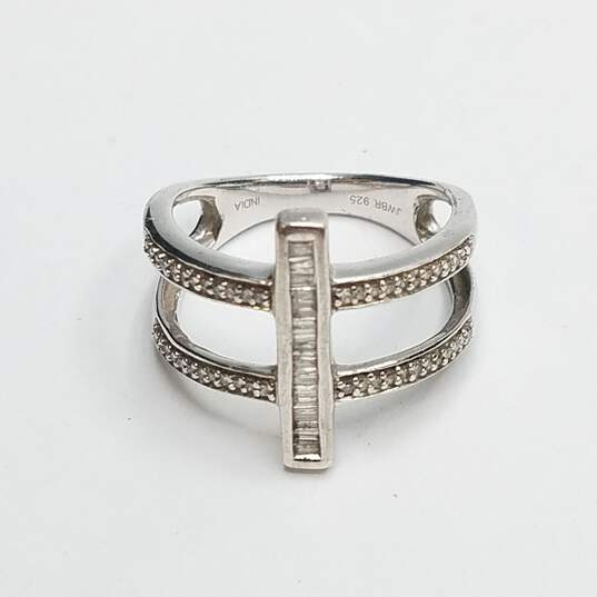 J.W.B.R. Sterling Silver Diamonds Round & Bagetite Double Band Cross Bar Sz 5 3/4 Ring 3.4g image number 4