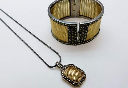 Judith Jack Art Deco Style 925 Sterling Silver Brass Mesh Marcasite Bangle Bracelet & Pendant Necklace 94.2g image number 1