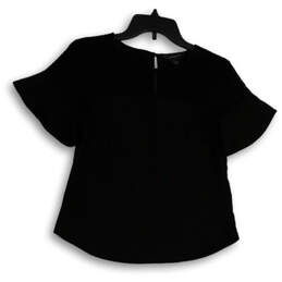 Womens Black Round Neck Short Sleeve Back Button Blouse Top Size XXSP