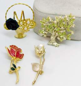 Gold Tone Faux Gemstone Tree & Flowers Brooch Lot