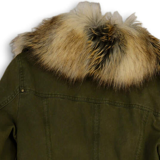 Womens Green Faux Fur Collar Long Sleeve Flap Pocket Military Jacket Size M image number 4