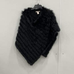 Womens Black Faux Fur Asymmetric Hem Draped Neck Poncho Sweater One Size