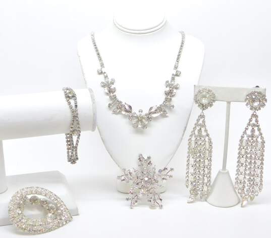 Vintage Icy Clear Rhinestone Necklace Bracelet & Statement Brooches & Earrings image number 1