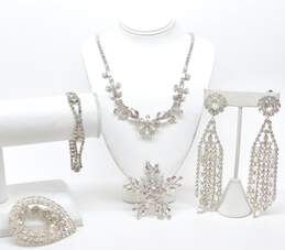 Vintage Icy Clear Rhinestone Necklace Bracelet & Statement Brooches & Earrings