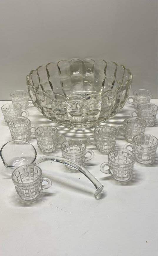 Punch Bowl Set of 12 Cups Vintage 14 in wide Glass Punch Bowl w/ Ladle image number 1