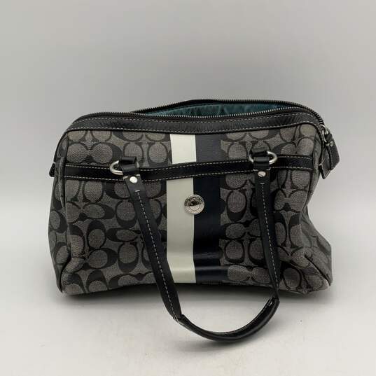 Coach Womens Black White Signature Print Double Top Handle Zipper Handbag image number 1
