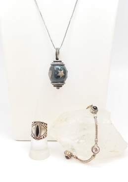 Artisan 925 Sterling Silver White Sapphire Onyx & Agate Pendant Necklace Ring & Bracelet 44.3g