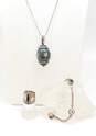 Artisan 925 Sterling Silver White Sapphire Onyx & Agate Pendant Necklace Ring & Bracelet 44.3g image number 1
