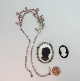 Vintage Pink Rhinestone Necklace & Black White Cameo Brooches 44.2g alternative image