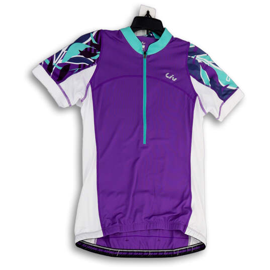 Womens Purple White Half Zip Short Sleeve Collared Biker Jersey Size Medium image number 1